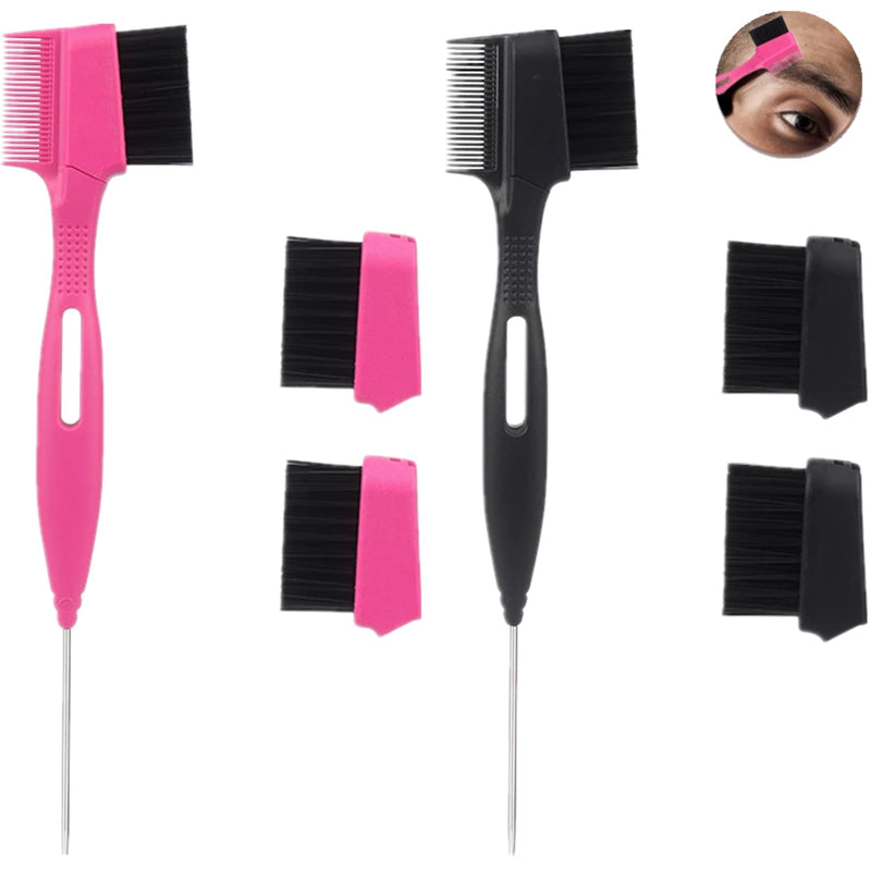 2 Pcs Hair Edge Brush With Tail Comb, Double Sided Edge Control Hair Comb Styling Tool Eyebrow Kit for Women Girls, Pink Blac