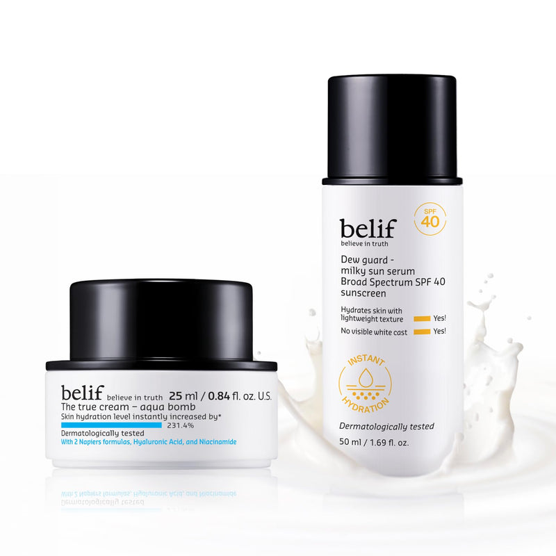 belif Aqua Sun Serum Duo - Hydration & SPF Skincare Set | Lightweight Gel Cream Moisturizer (25ml) & Milky Niacinamide Sun Serum SPF 40, 12hr Moisture, No White Cast, Korean Skin Care