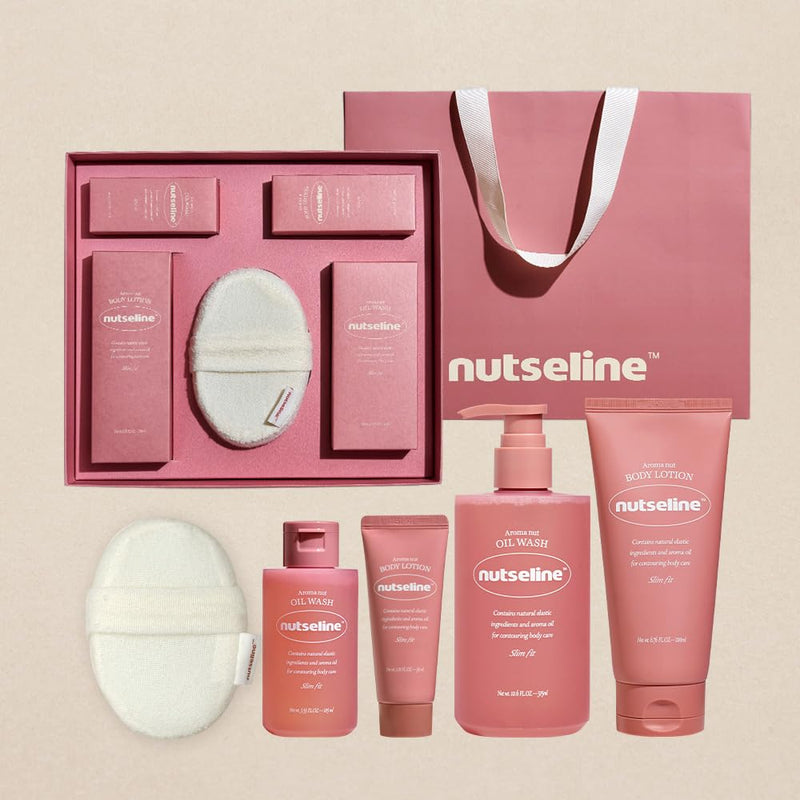 [AROMA NUT] Natural Body Care Gift Set Korean Skincare Firming Oil Wash 315ml + Body Lotion 200ml + Travel Sizes + Body Sponge | Moisturizing, Aromatherapy Spa Kit