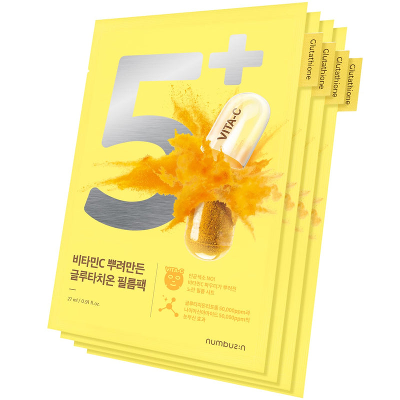 numbuzin No.5 Sheet Mask | Vitamin Spotlight Sheet Mask | Glutathione and Vitamin C | Reduces Hyperpigmentation, Improves Skin Complexion | Gentle and non-irritating | 4 Sheets