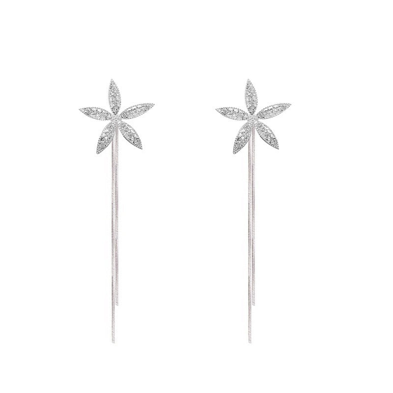 Full Diamond Five-leaf Flower Tassel Earrings Temperament Long Women