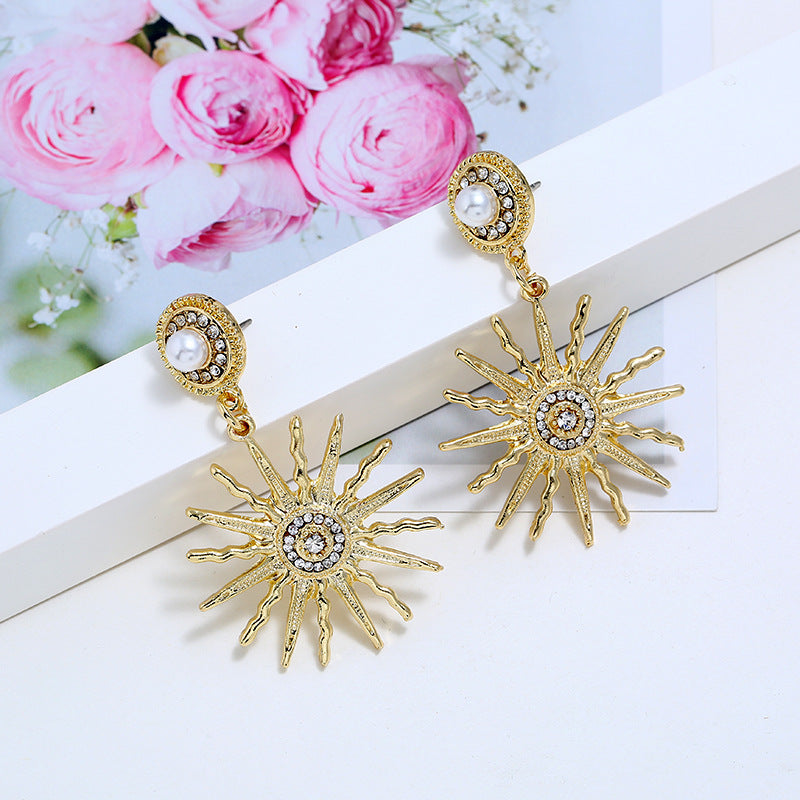 Sunflower Exaggerated Alloy Star Earrings With Diamonds