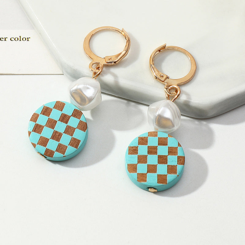 Round Checkered Earrings Temperament Pearl Earrings