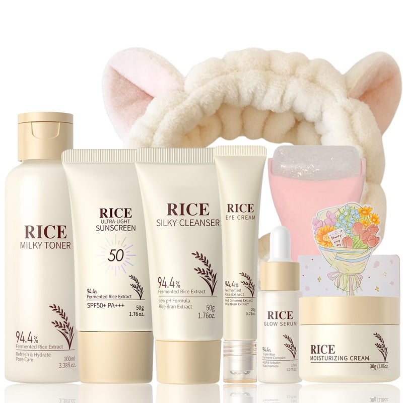 9PCS Rice Skincare Set for Women & Girls Korean Skin Care Set with Rice Cleanser, Toner, Serum, Face Cream, Eye Cream, Sunscreen, Ice Roller, Headband & Card Moisturizing & Skin Barrier Support
