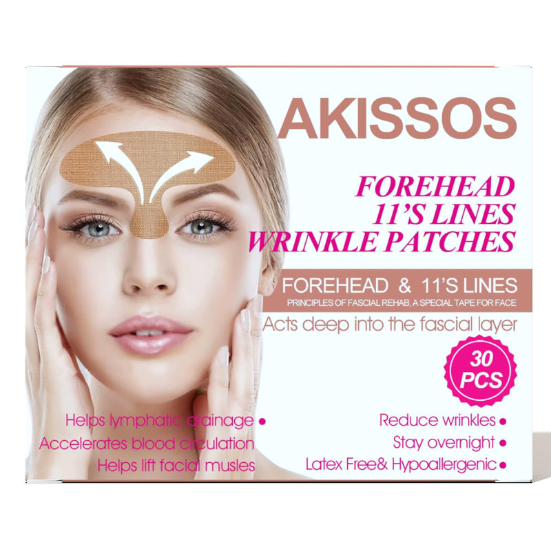 Akissos Wrinkle Patches Face Tape 30 PCS Forehead Wrinkle Patches for Face Overnight, Kinesiology Tape for Face, Forehead Wrinkles, 11 Lines, Frown Lines - Precut Facial Tape for Wrinkle Treatment