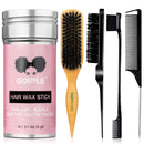 Slick Back Hair Brush Set Teasing Boar Bristle Brush, Hair Wax Stick, Edge Brushes, Rat Tail Comb, Teasing Comb, Wooden Slickback Hairbrush Accessories, Smoothing Combs for Women & Kids (5PCS)