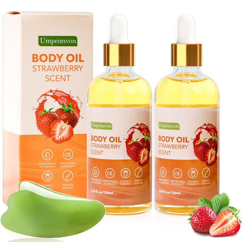 2 Pack 3.38 fl.oz Strawberry Body Oil after Shower, Vitamin C & E Gua Sha Body Oils Scented Body Oils for Women, Dry Body Oil Juice for Skin