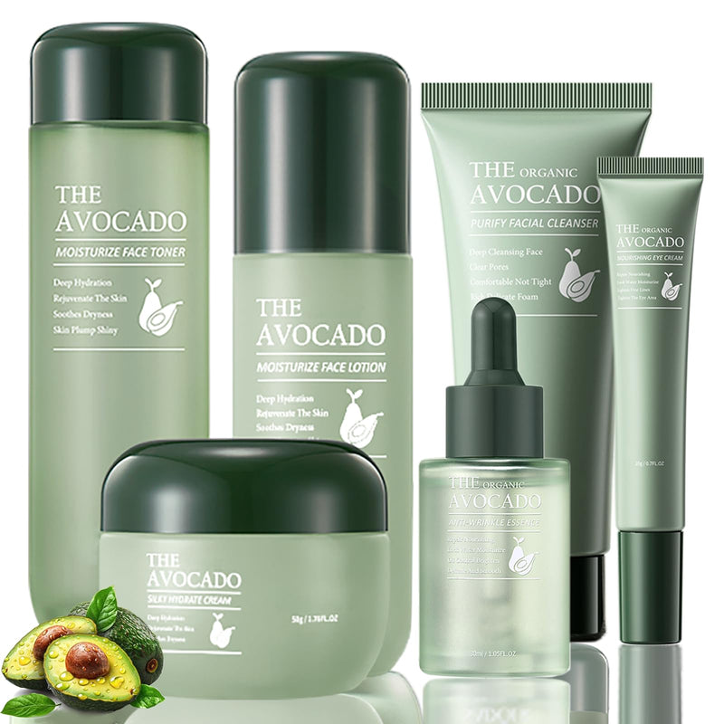 Avocado Skin Care Set for Women,6PCS Skincare Kits with Facial Cleanser, Toner, Serum, Lotion,Cream, Eye Cream, Moisturizing Korean Skincare Set,Anti-Aging Skin Care Set,Birthday Gifts for Women