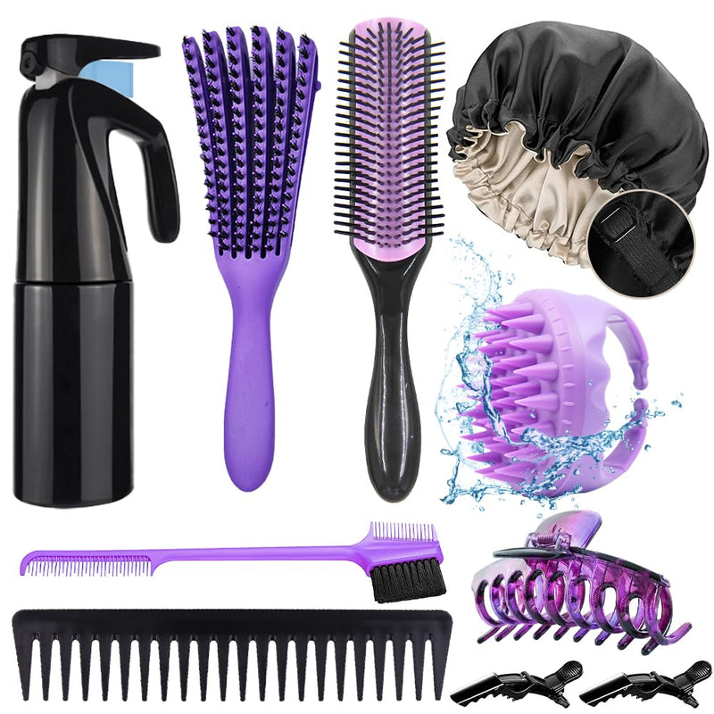 10Pcs Natural Hair Detangling Brush Set with Sleep Bonnet for Curly, Afro, African Black 3a to 4c Hair - Faster Detangling on Wash Days