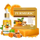 BASSI 2PCS Turmeric Soap and Turmeric Oil Set, 3.53OZ Natural Handmade Soap for Face Body Cleanser, 1fl.oz Turmeric Essential Oils with Vitamin C & E for Soothing, Hydrating, Smooth Skin Care