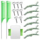 17 Piece Hair Styling Tool Set: 8 Sectioning Rings, 2 Rat Tail Combs, 6 Clips, and Magnetic Wrist Pin Holder for Braiding (Green)