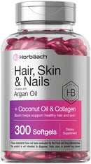 Horbäach Hair Skin and Nails Vitamins | 300 Softgels | with Biotin and Collagen | Infused with Argan Oil and Coconut Oil | Non-GMO, Gluten Free Supplement
