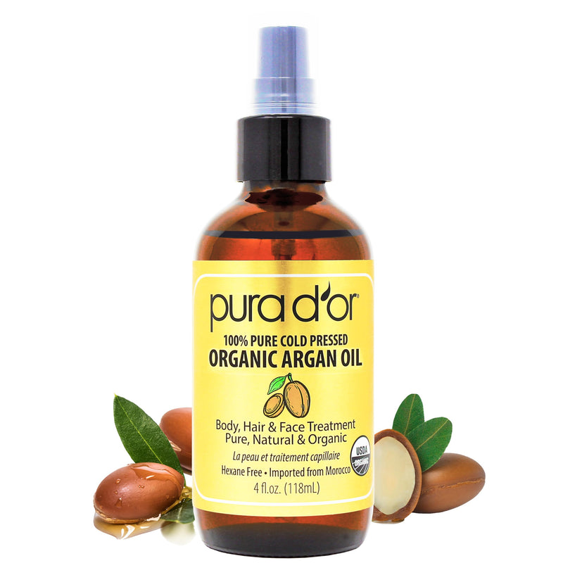 PURA D'OR 4 Oz ORGANIC Moroccan Argan Oil - USDA Certified 100% Pure & Cold Pressed Virgin Premium Grade Natural Moisturizer Treatment For Dry, Damaged Skin, Hair, Face, Body & Scalp - Men & Women