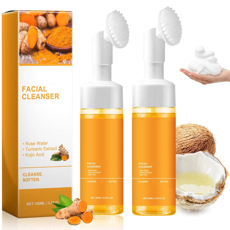 2 Pcs Turmeric Facial Cleanser, Glow Wash Turmeric Face Wash With Brush, Deep Cleansing Exfoliating for Women All Skin.