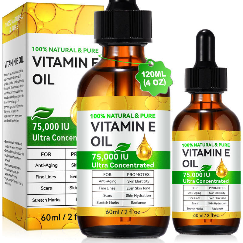 100% Pure Vitamin E Oil,120ML,75000 iu Vitamin E Oil for Face & Skin & Hair & Body & Scars,Cold Pressed for Anti-Aging, Nourishing Massage Oil, Reduce Scars, Fine Lines, Moisturize and Radiant Skin