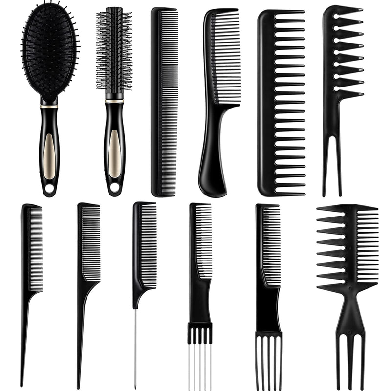 12 Pieces Hair Brush Comb Set Paddle Detangling Hairbrush Massage Roller Black Styling Hair Comb for Women Men Wet Dry Curly Straight Hair