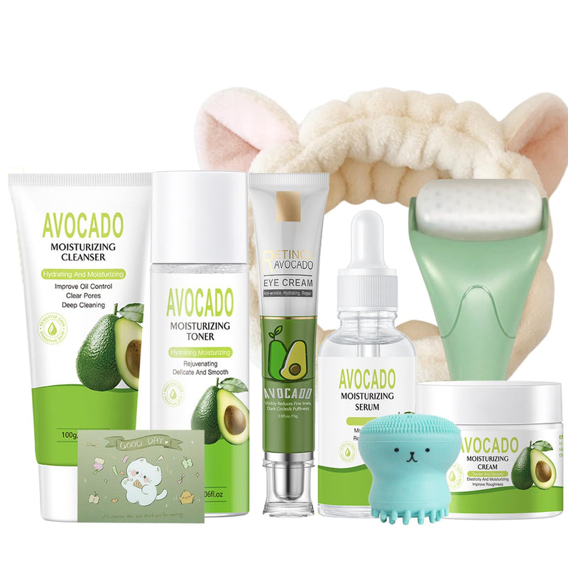 9PCS Avocado Skin Care Set for Women & Teen Girls Facial Kit with Cleanser, Toner, Serum, Cream, Eye Cream, Face Brush, Ice Roller, Headband & Card Deep Hydration & Soothing Gift Set