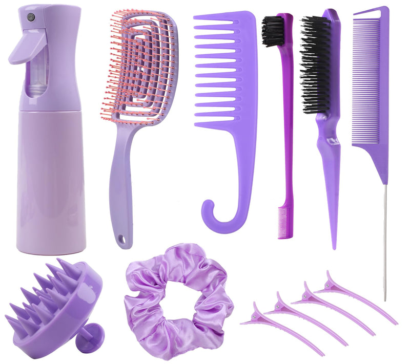 12 pcs Hair Brush Set,Detangler Brush with Hair Spray Bottle Scalp massager for Wet Dry Curly Hair, Bristle Hair Brush Hair Comb for Women Girl,Hair Styling Tools (Purple)