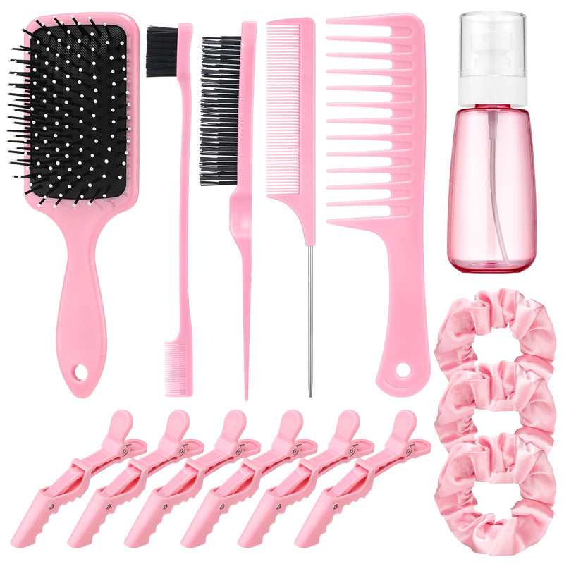 15 Pcs Slick Back Hair Brush Set, Bristle Hair Brush with Spray Bottle,Hair Clip,Edge Brush for Women, Men(Pink)