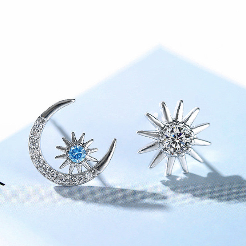 Blue Diamond Star And Moon Stud Earrings, Sweet Earrings For Girlfriends