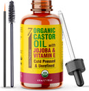 Seven Minerals Organic Castor Oil with Jojoba & Vitamin E for Eyelashes, Eyebrows, Face & Hair Growth - Glass Bottle, Cold Pressed & Hexane Free - Hydrates & Boosts Natural Hair Growth - 4 fl oz