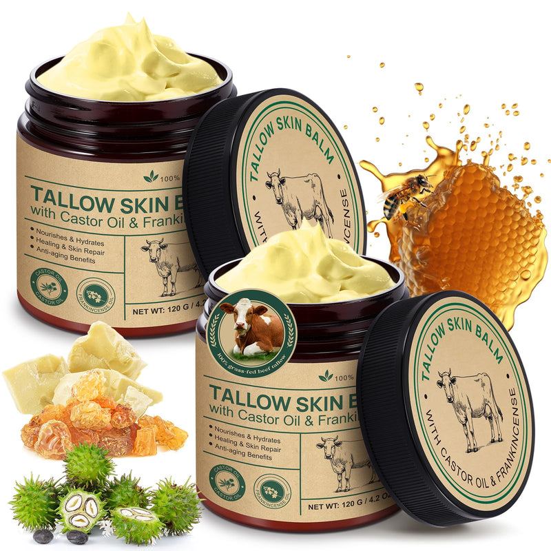 2 Pcak Beef Tallow Cream with Castor Oil and Frankincense, 100% Grass-Fed Tallow for Skin Care, Face & Body Moisturizer for Skin, Sensitive Skin & Dry Skin Age Defying, Eczema All-Purpose Balm