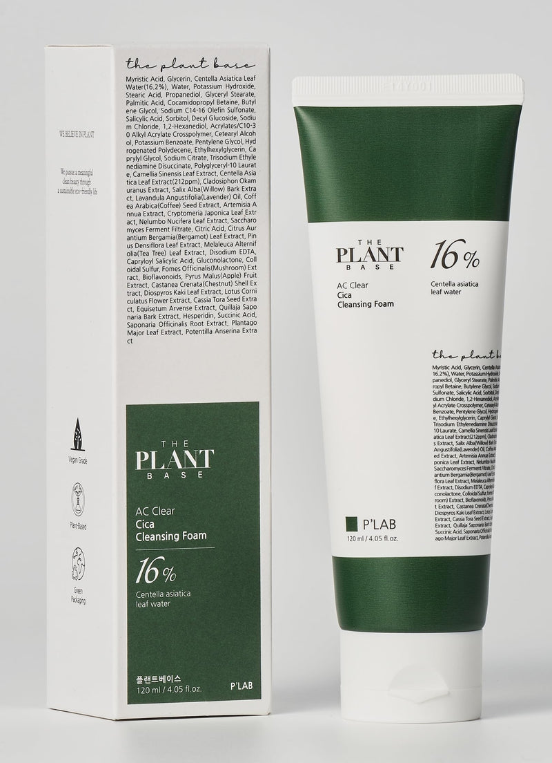 THE PLANT BASE AC Clear Cica Cleansing Foam 120ml | Centella asiatica leaf 16% | AHA+BHA+PHA+LHA Cleanser | Plant-based | Korean Skin Care, Korean Skincare, Kbeauty, K Beauty, Korean Beauty