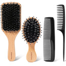 Wooden Hair Brush and Comb Set for Women - 4-Piece Boar Bristle Brush Kit with Natural Wood Paddle & Travel hair Brush for Wet/Dry Hair Detangling, Smoothing & Styling