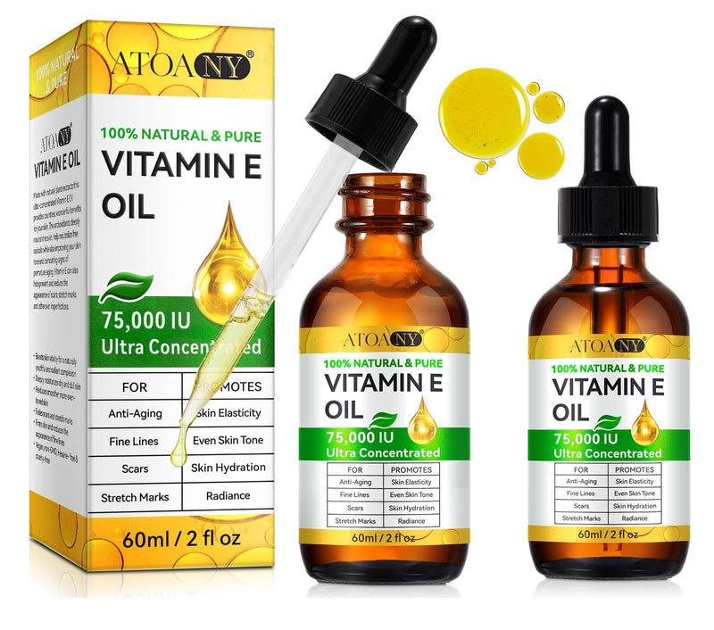 2 Pack Vitamin E Oil for Skin Body Oils 75,000 IU, Repair Dry, Damaged Skin, Moisturizing Skin and Face, Bath Oil,Hair and Scalp, Aceite de Vitamina E for Scars 4 fl oz