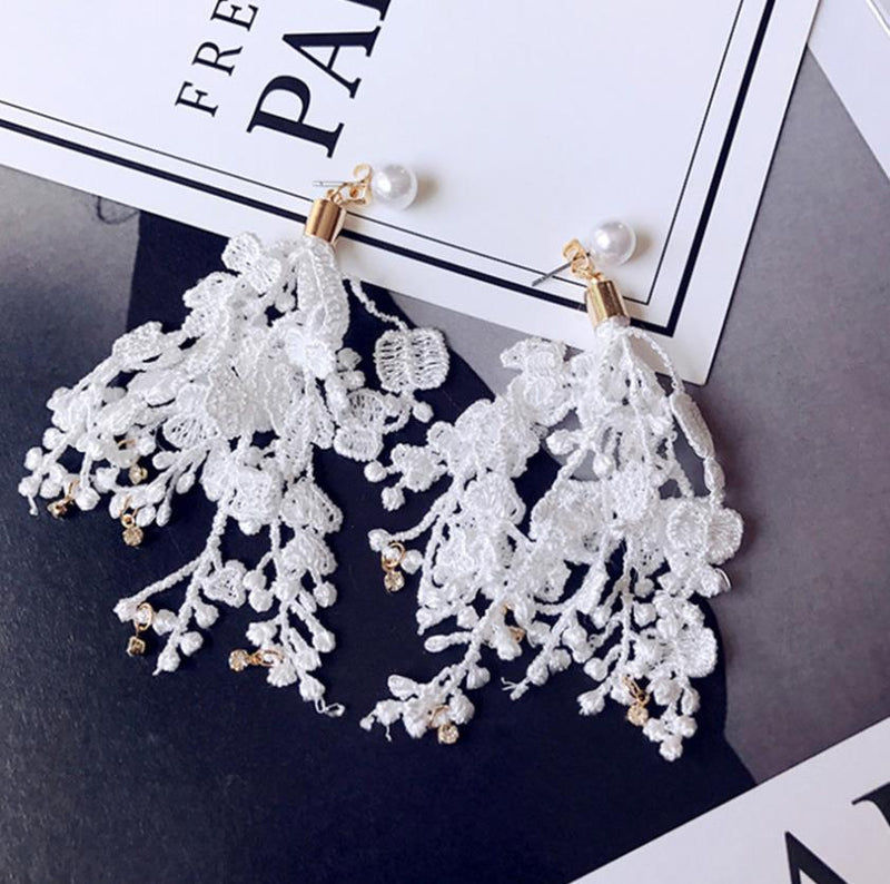 Fringed Lace Flower Rhinestone Pearl Long Earrings