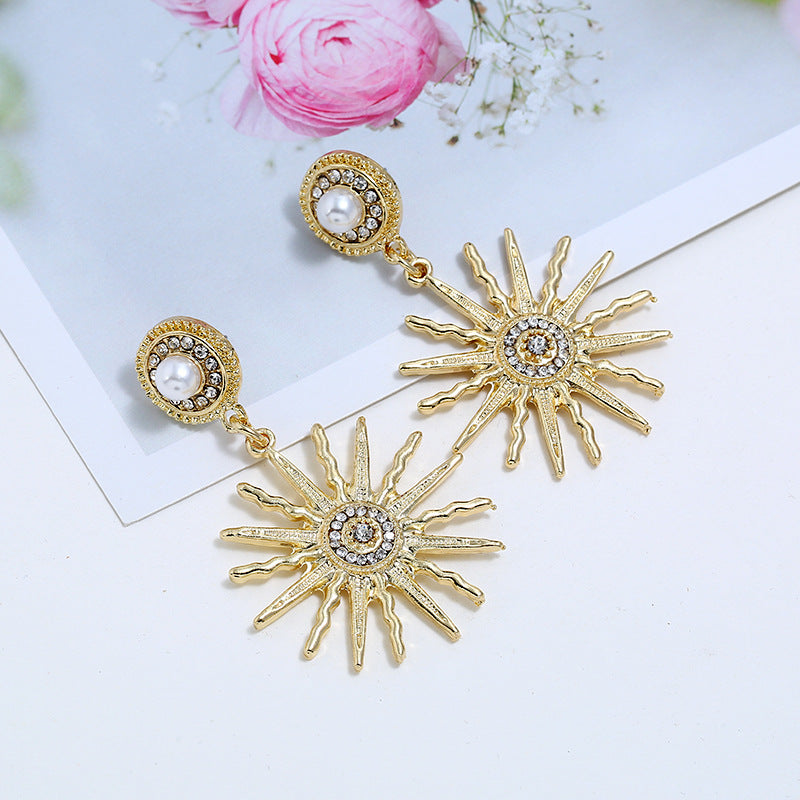 Sunflower Exaggerated Alloy Star Earrings With Diamonds