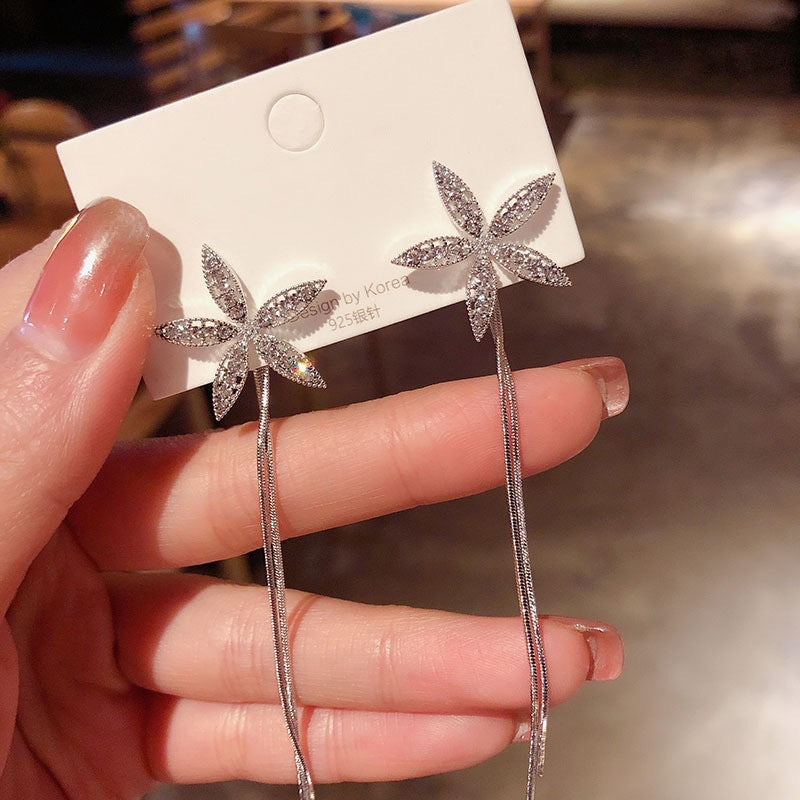 Full Diamond Five-leaf Flower Tassel Earrings Temperament Long Women