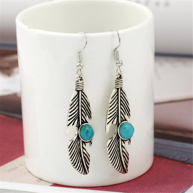 European And American Fashion Retro Feather-shaped Turquoise Earrings