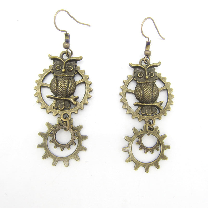 Vintage Owl Double Ring Gear Earrings