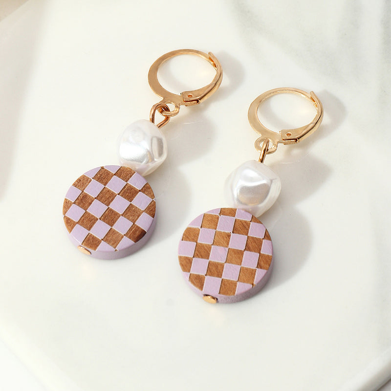 Round Checkered Earrings Temperament Pearl Earrings