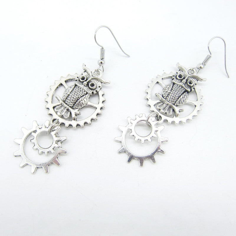 Vintage Owl Double Ring Gear Earrings