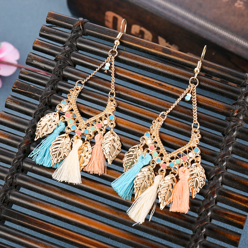 Retro Ethnic Style Long Tassel Earrings Women Leaves