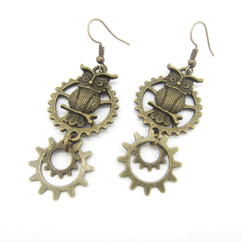 Vintage Owl Double Ring Gear Earrings