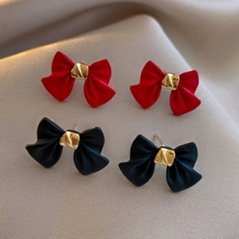 S925 Silver Needle New Black Red Bow Earrings