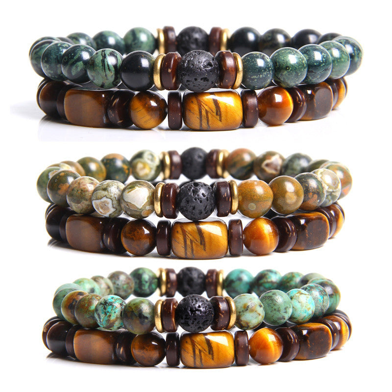 Natural Stone Men's Tiger's Eye Bead Double Layer Combination Bracelet