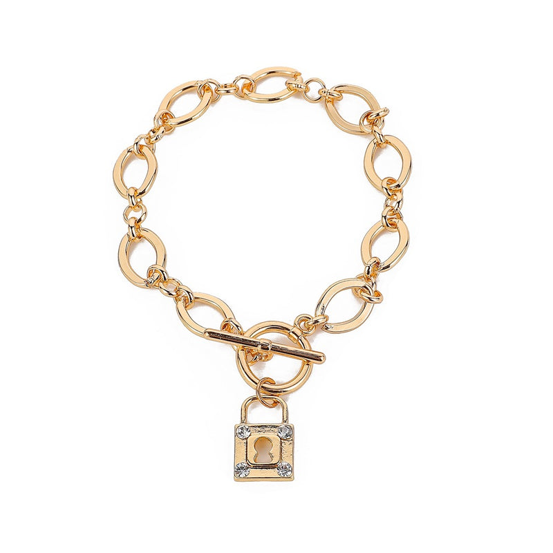 Creative Trend OT Buckle Gold Thick Chain Diamond Padlock Bracelet