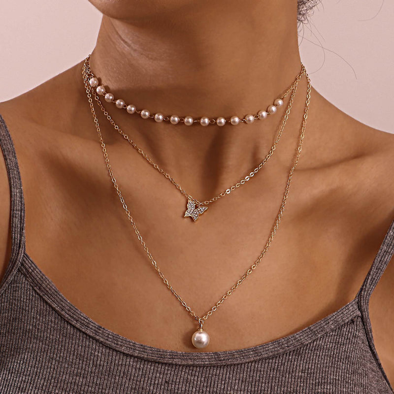 Multilayer Thin Chain Pearl And Diamond Butterfly Pendant Necklace