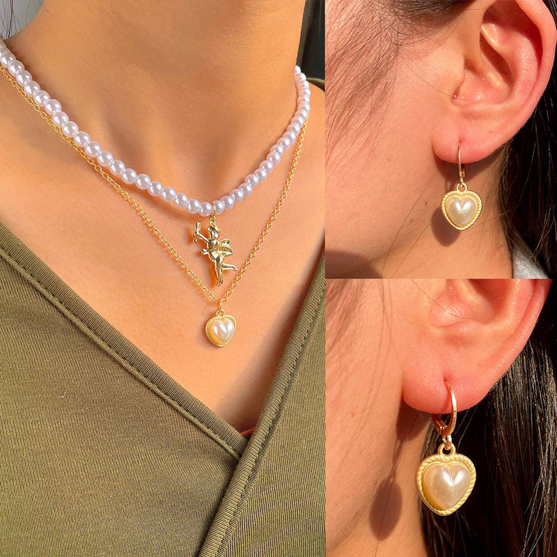 Classic Elegant Gold Pendant Pearl Necklace Earrings Set