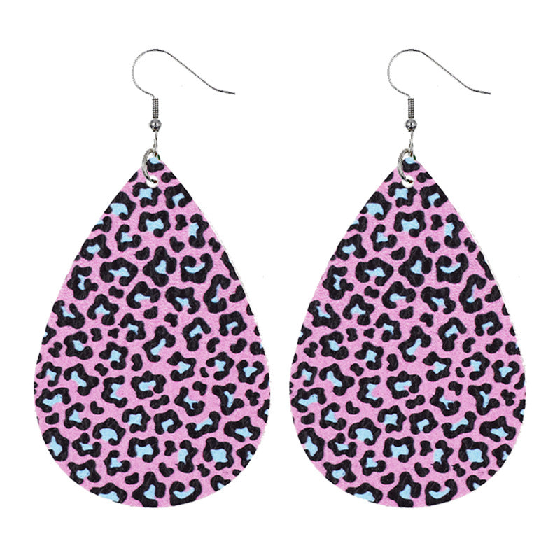 Leather Earrings With Drop-shaped Leopard Print On Both Sides