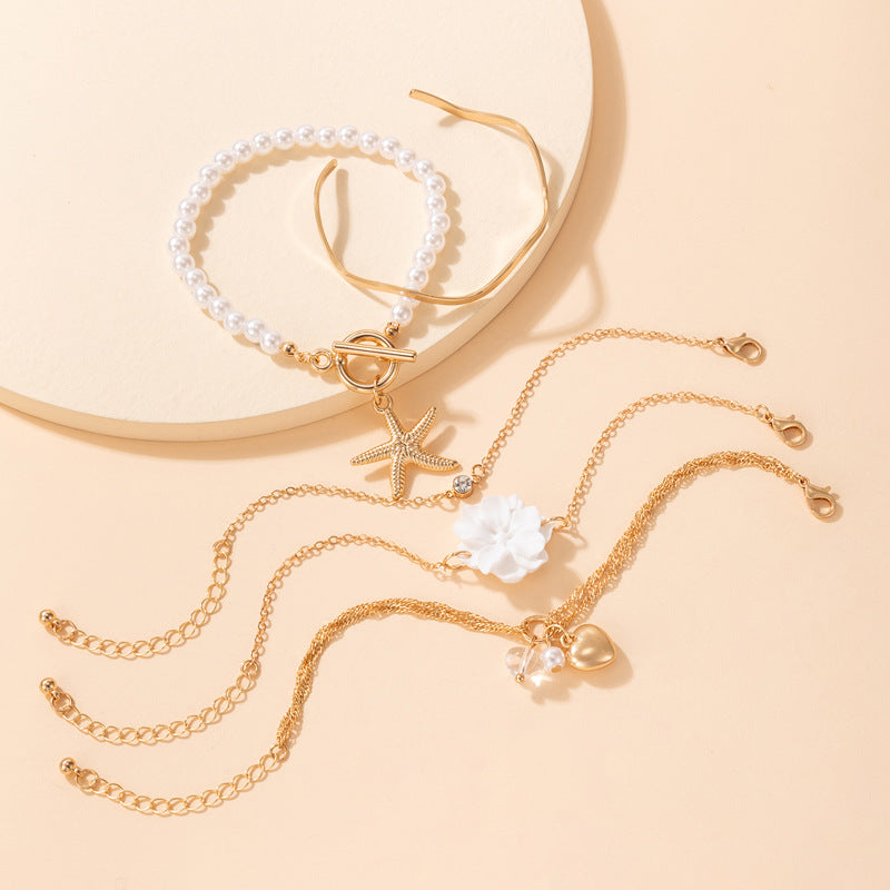 White Flower Love Starfish Pendant Pearl Bracelet 5 Piece Set Female