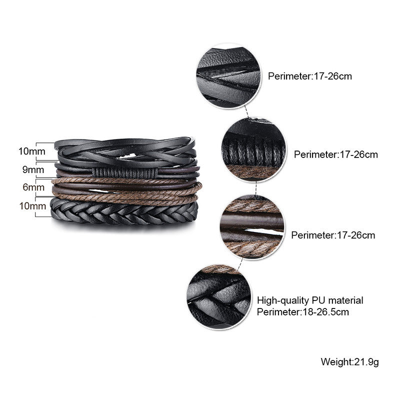Men's PU Leather Woven Adjustable Bracelet Four-piece Set