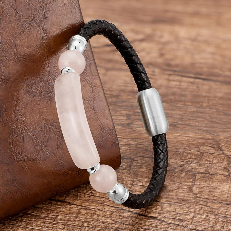 Curved Stone Leather Rope Braided Bracelet