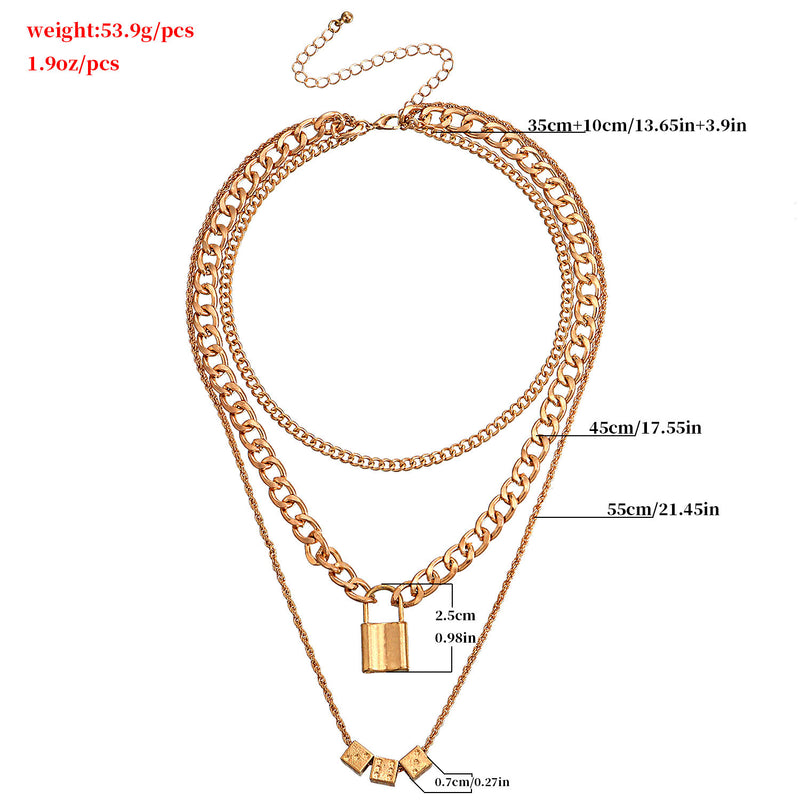 Multilayer Cuban Thick Chain Dice Lock Row Pendant Necklace