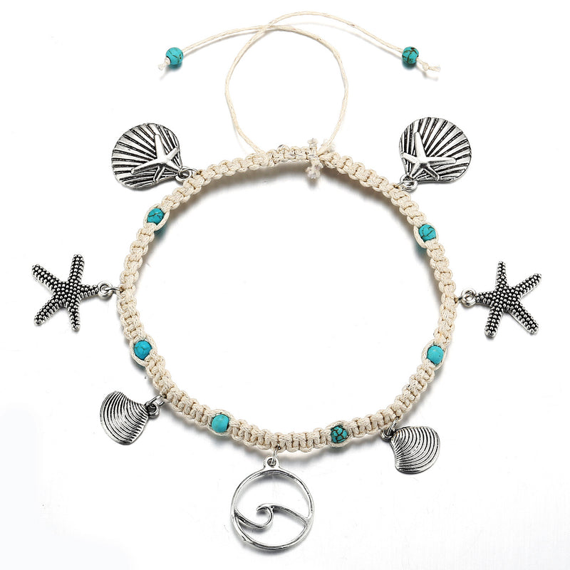 Minimalist Starfish with Green & Blue Accents Beaded Anklet