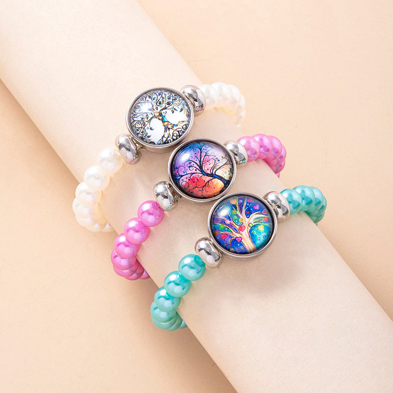 3Pcs Tree Of Life Glass Snap Button Charm Beads Elastic Bracelets For Girls Women Sisters Friends